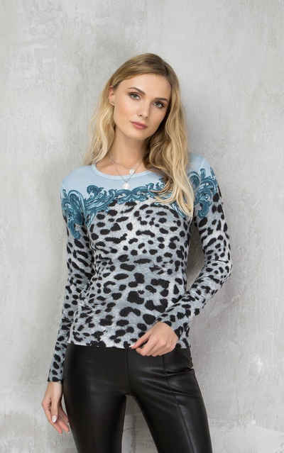 Passioni Strickpullover Blauer Pullover Leoparden-Muster