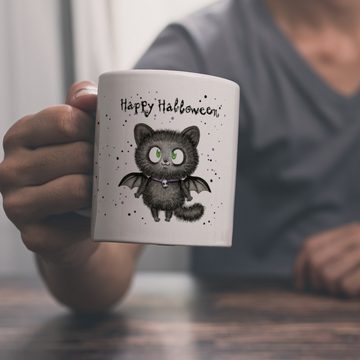 speecheese Tasse Happy Halloween Kaffeebecher mit schwarzer Fledermaus-Katze