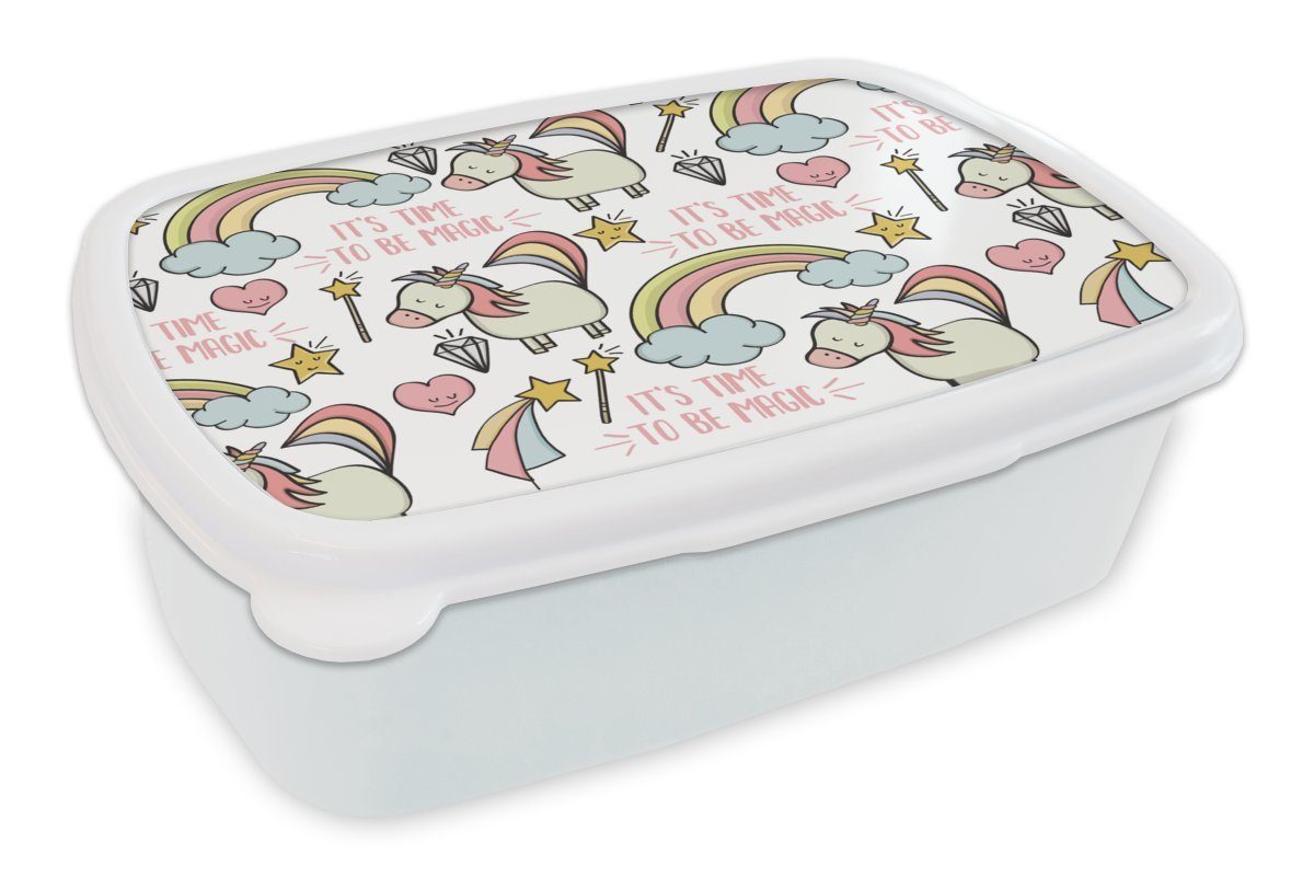 MuchoWow Lunchbox Regenbogen - Einhorn - Diamant - Zitate - Muster, Kunststoff, (2-tlg), Brotbox für Kinder und Erwachsene, Brotdose, für Jungs und Mädchen weiß