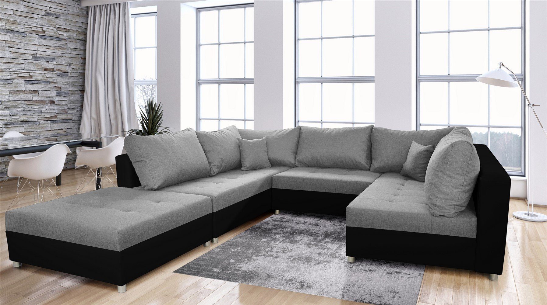 Fun Möbel Wohnlandschaft Wohnlandschaft Sofa U-Form ANDRO, Inkl. Schlaffunktion, Bettkasten und Hocker, Inkl. 2 Zierkissen und 7 Rückenkissen Schwarz-Grau