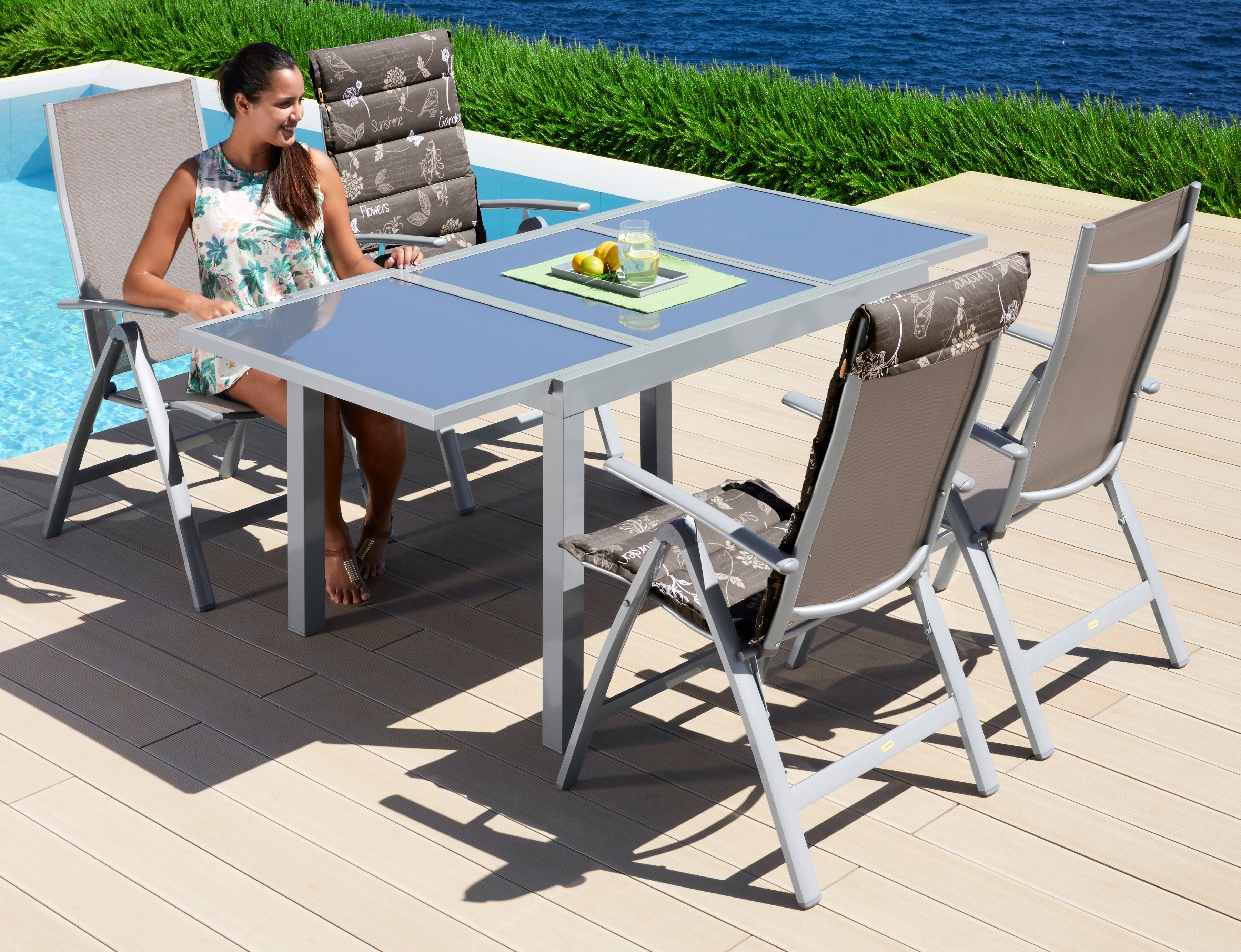 MERXX Garten-Essgruppe Amalfi, (5-tlg), Klappsessel, ausziehbar Tisch 4 cm, Alu/Textil 90x120-180