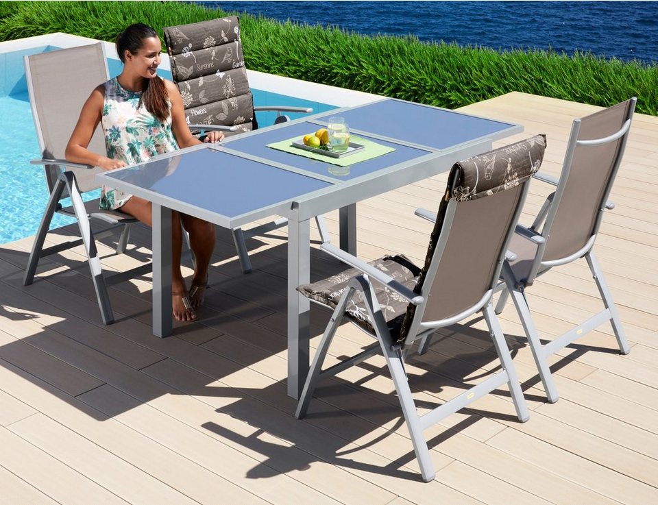 MERXX Garten-Essgruppe Amalfi, (5-tlg), 4 Klappsessel, Tisch ausziehbar  90x120-180 cm, Alu/Textil