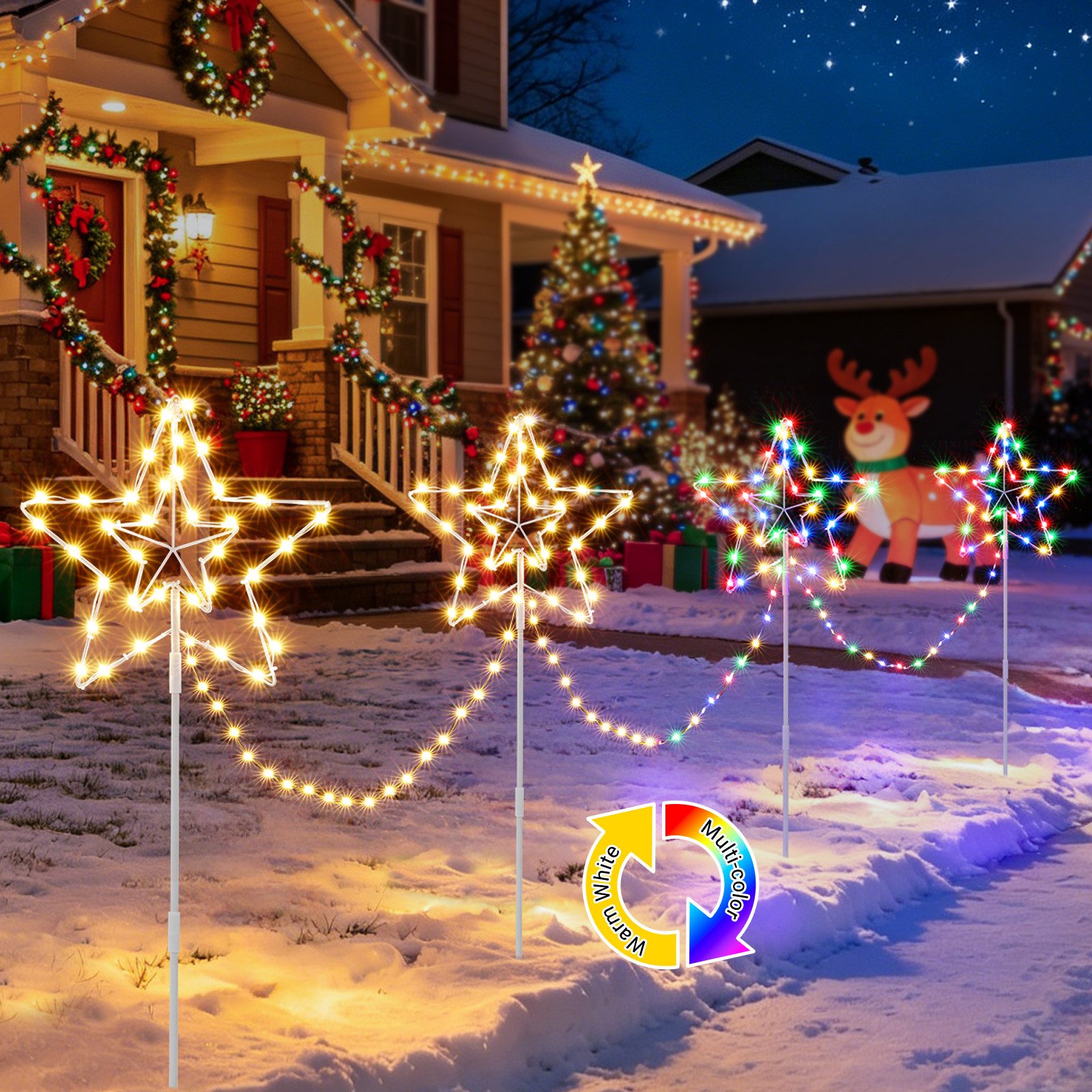 Quntis Lichterkette Weihnachtsdeko LED Sternlichter 4er Set mit Erdspieß und Timerfunktion, Timer & Speicher, Gartenleuchten zur Außen Weihnachtsdekoration