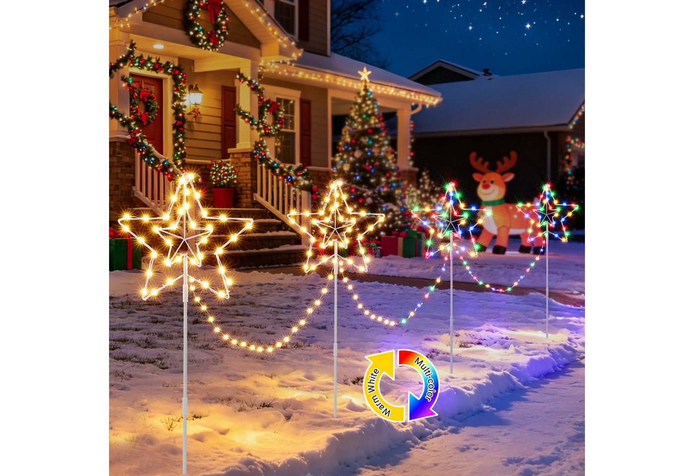 Quntis Lichterkette Weihnachtsdeko LED Sternlichter 4er Set mit Erdspieß und Timerfunktion, Timer & Speicher, Gartenleuchten zur Außen Weihnachtsdekoration