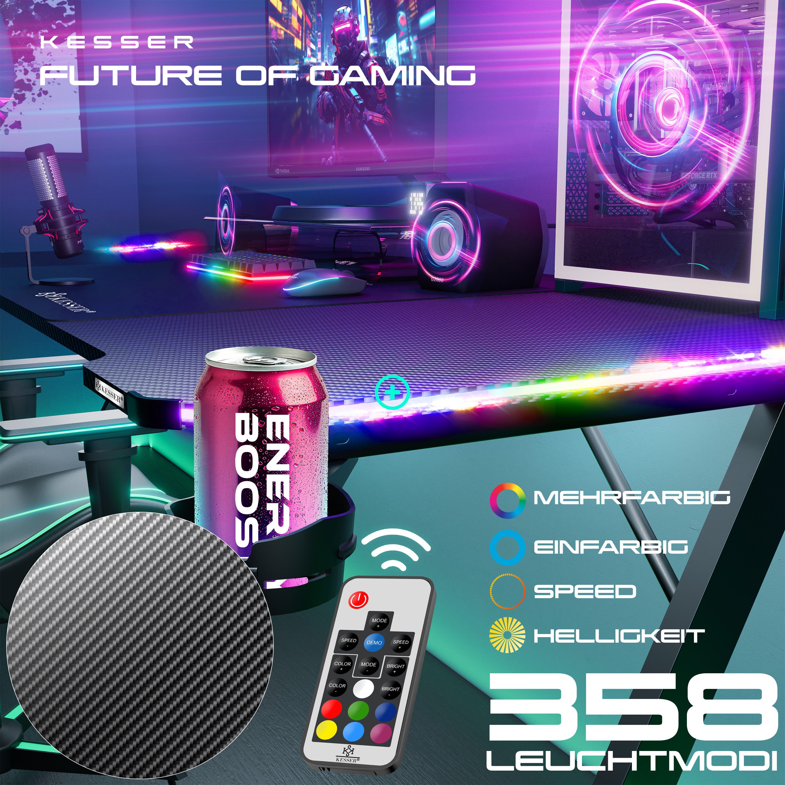 KESSER Gamingtisch, Gaming Schreibtisch mit Getränkehalter Ergonomischer Gamer Tisch