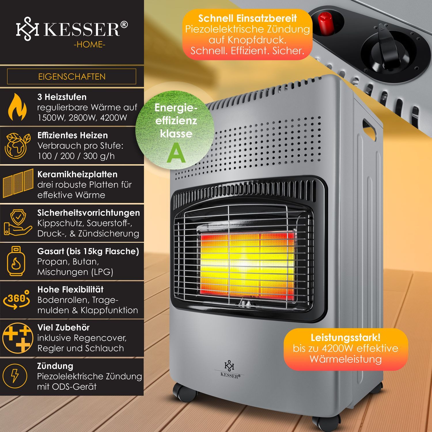KESSER Heizstrahler, 4200 W, 4200W Keramik Gasheizer Heizstrahler inkl. Gas günstig online kaufen