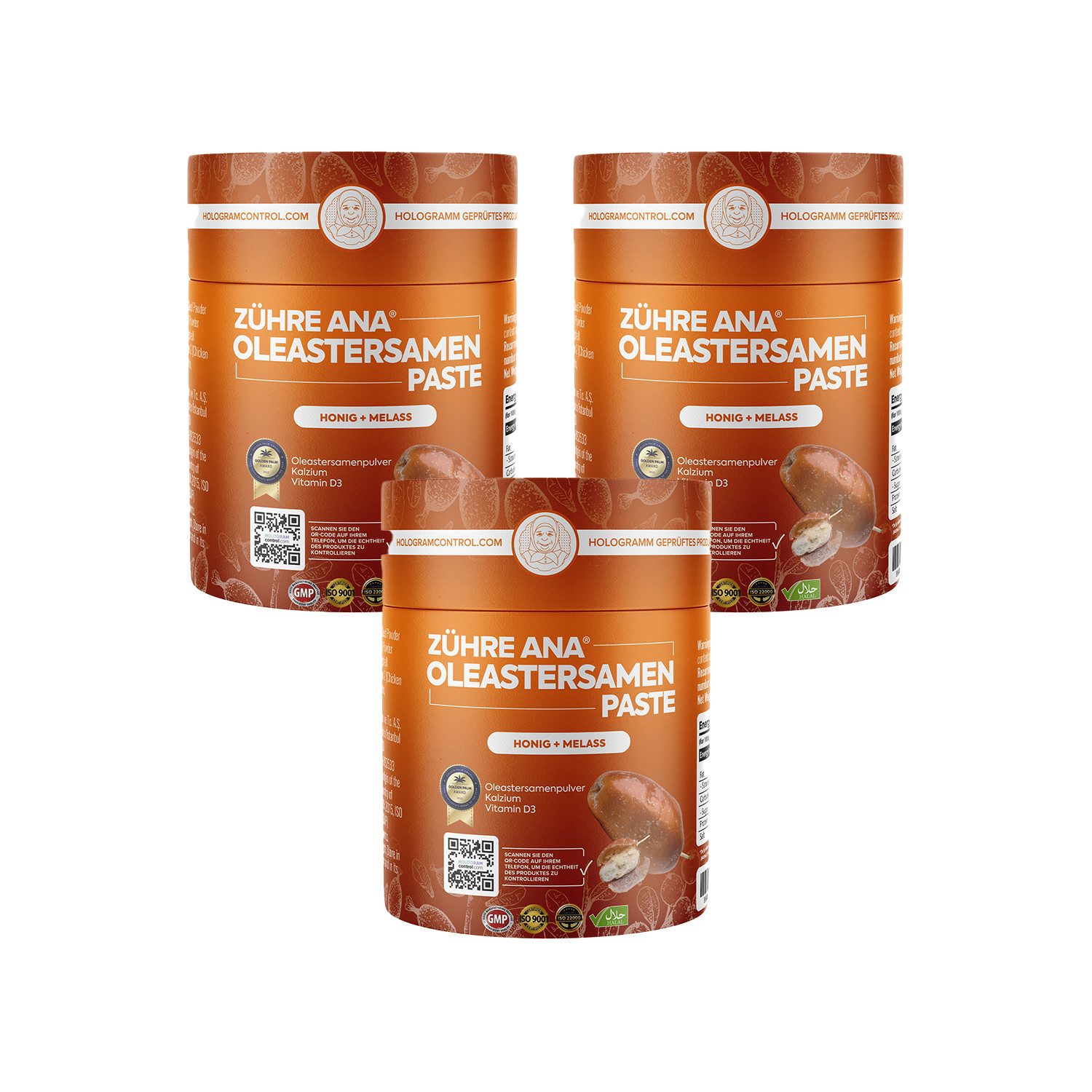 Zühre Ana® Oleastersamenpaste – Natürliches Aroma mit Honig und Melasse, 240 g Paste, 720 g, Unterstützende Inhaltsstoffe: Kalzium, Kollagen, Vitamin D3