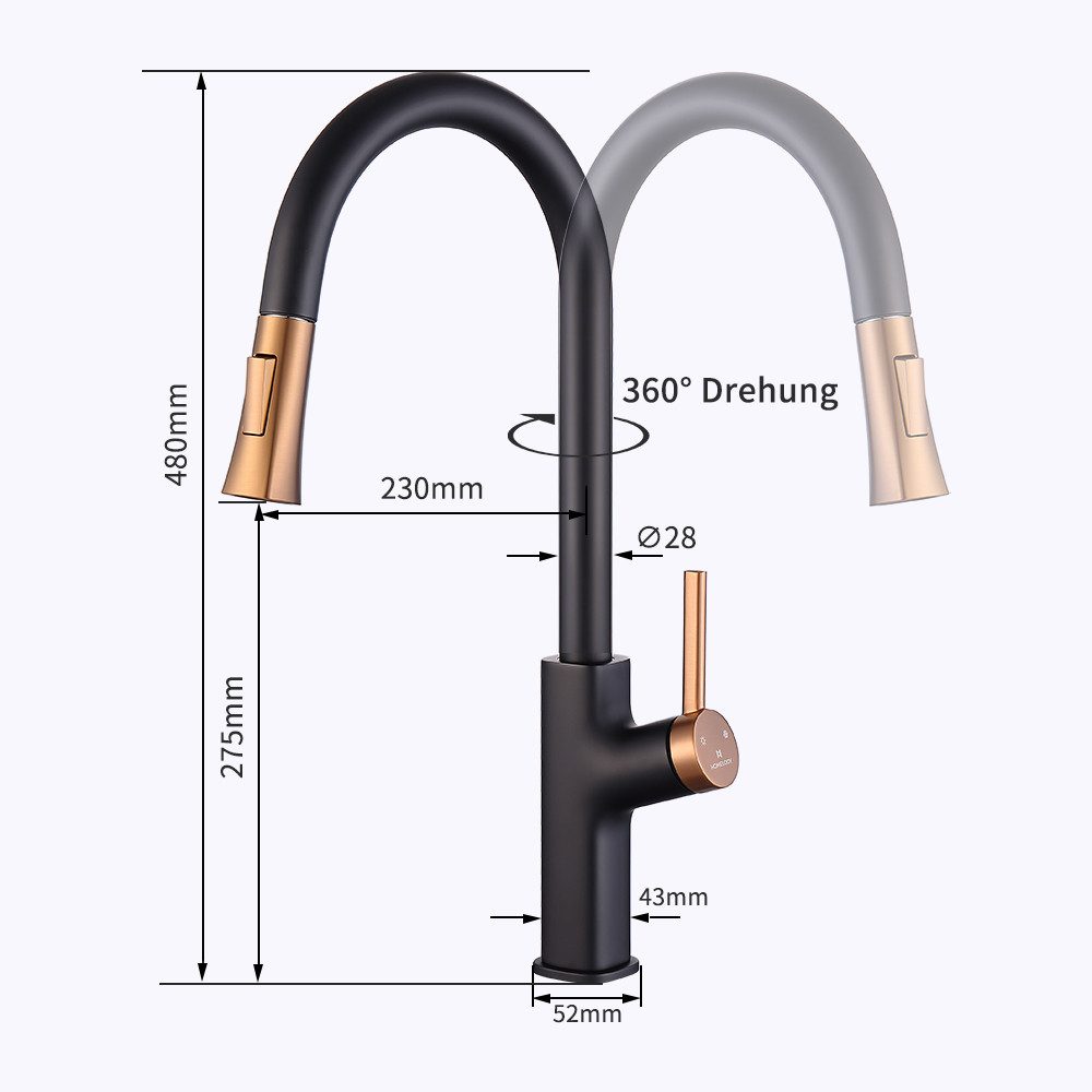 HOMELODY Küchenarmatur Wasserhahn Küche 2 Strahlart Spültischarmatur Hochdruck Mischbatterie Ausziehbar 360°-Drehbar mit Höhe-Bogenauslauf, Schwarz