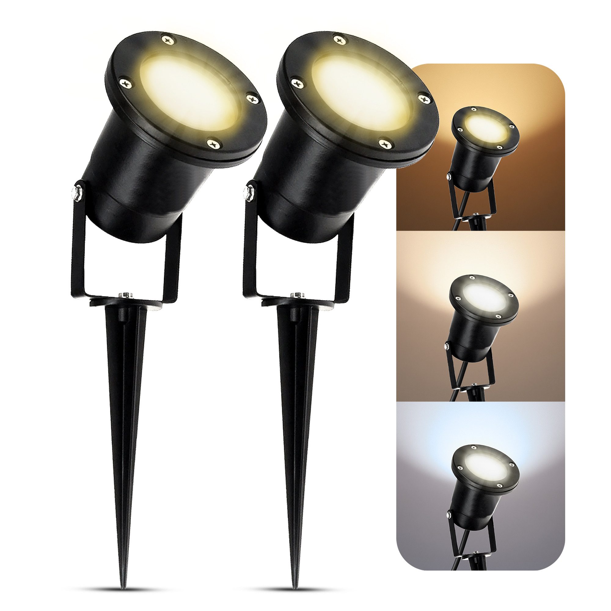 SSC-LUXon LED Gartenstrahler Gartenstrahler KARI Erdspiess Kabel schwarz LED GU10 5W 3 Lichtfarben, Neutralweiß, Warmweiß, Tageslichtweiß