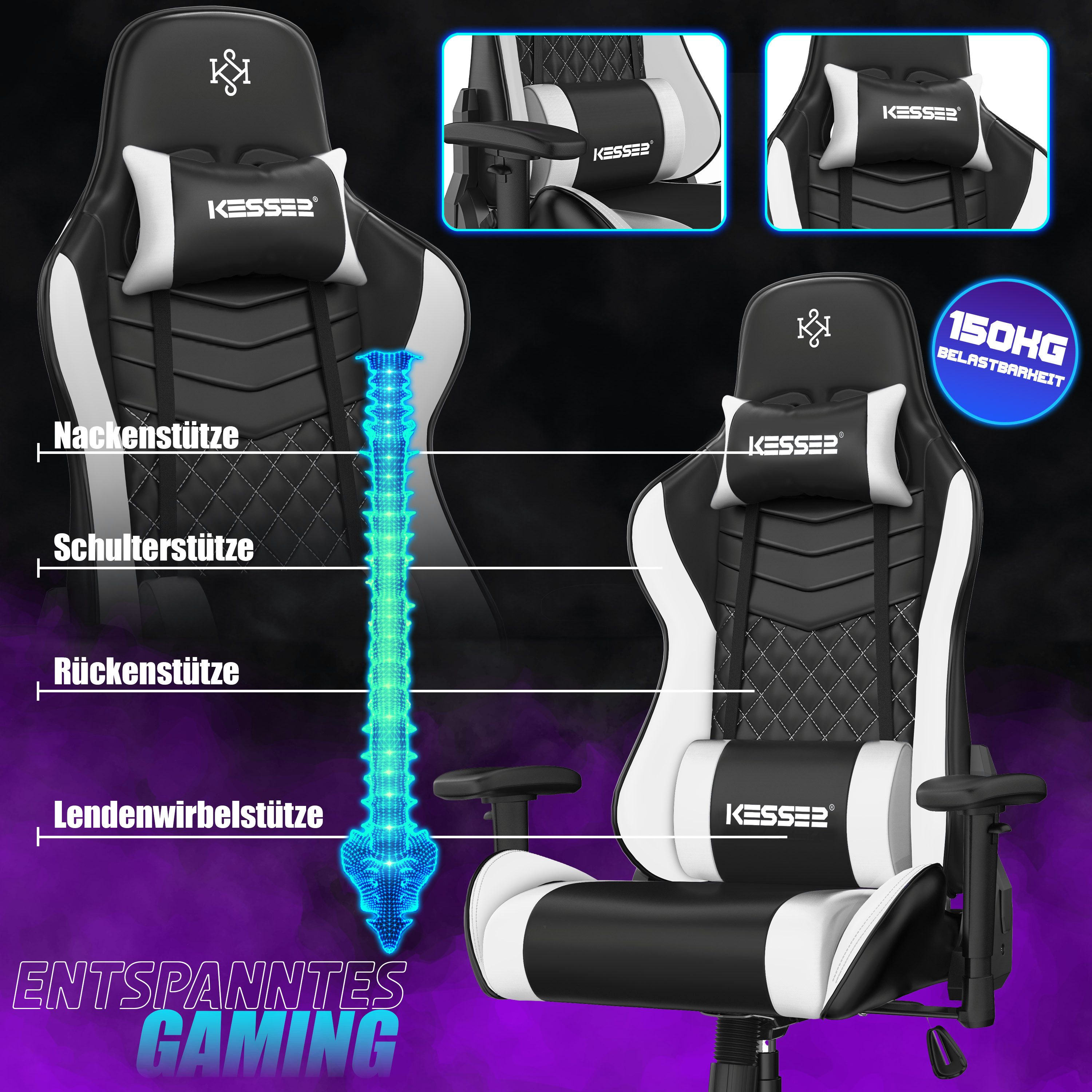 KESSER Gaming Chair, Ergonomisch Gamingstuhl 150kg belastbar Bürostuhl Lenden- & Kopfkissen