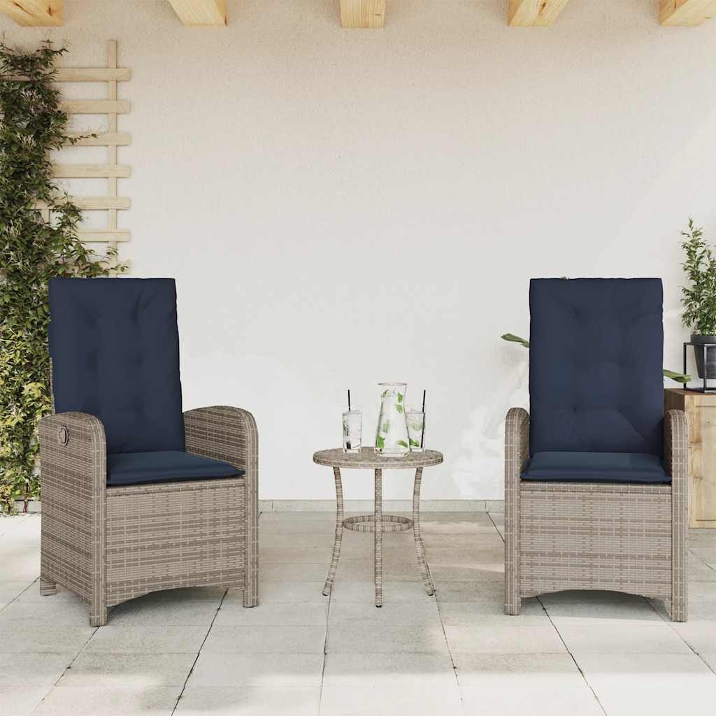 vidaXL Gartenstuhl Gartensessel mit Kissen 2 Stk. Verstellbar Grau Poly Rattan