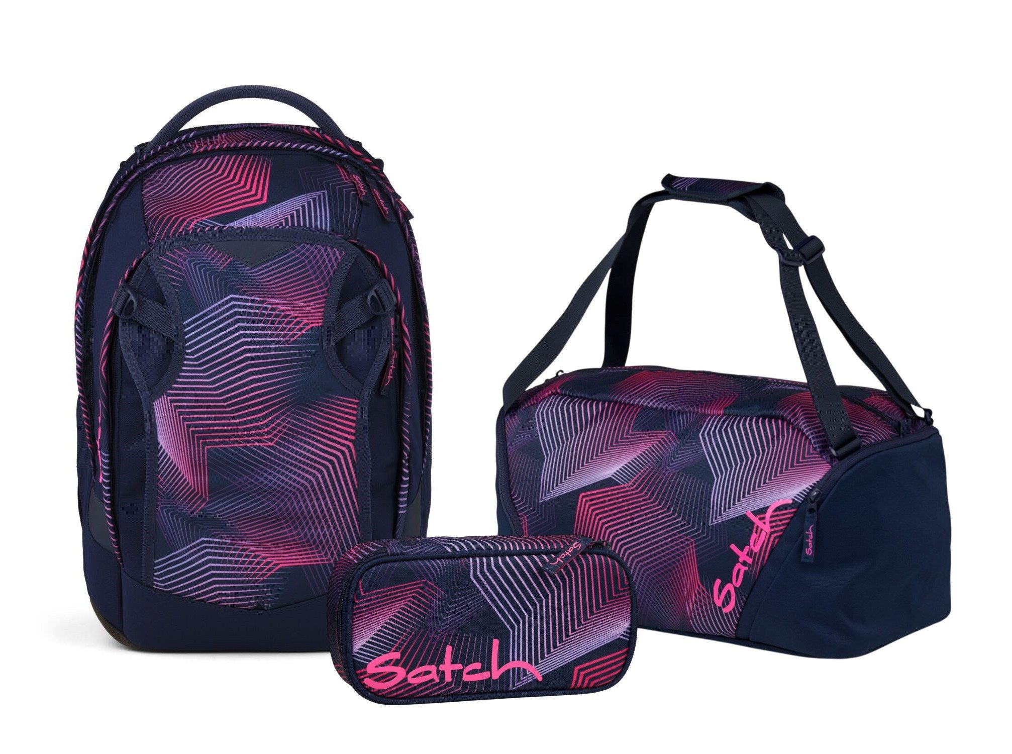 Satch Schulranzen Schulrucksack-Set MATCH PLUS Seismic Pink 3-teilig (3-teilig), Schulranzen, ergonomisch, 30 + 5 Liter, 4 Fächer