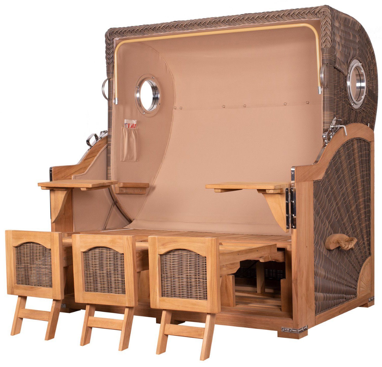 bene living Strandkorb Ammersee 3-Sitzer Teak - PE grau - Modell 537, BxTxH: 170x95x170 cm, Volllieger ca. 175 Grad, Ostsee-Strandkorb Komplettset, inkl. Liftersystem und Bullaugen