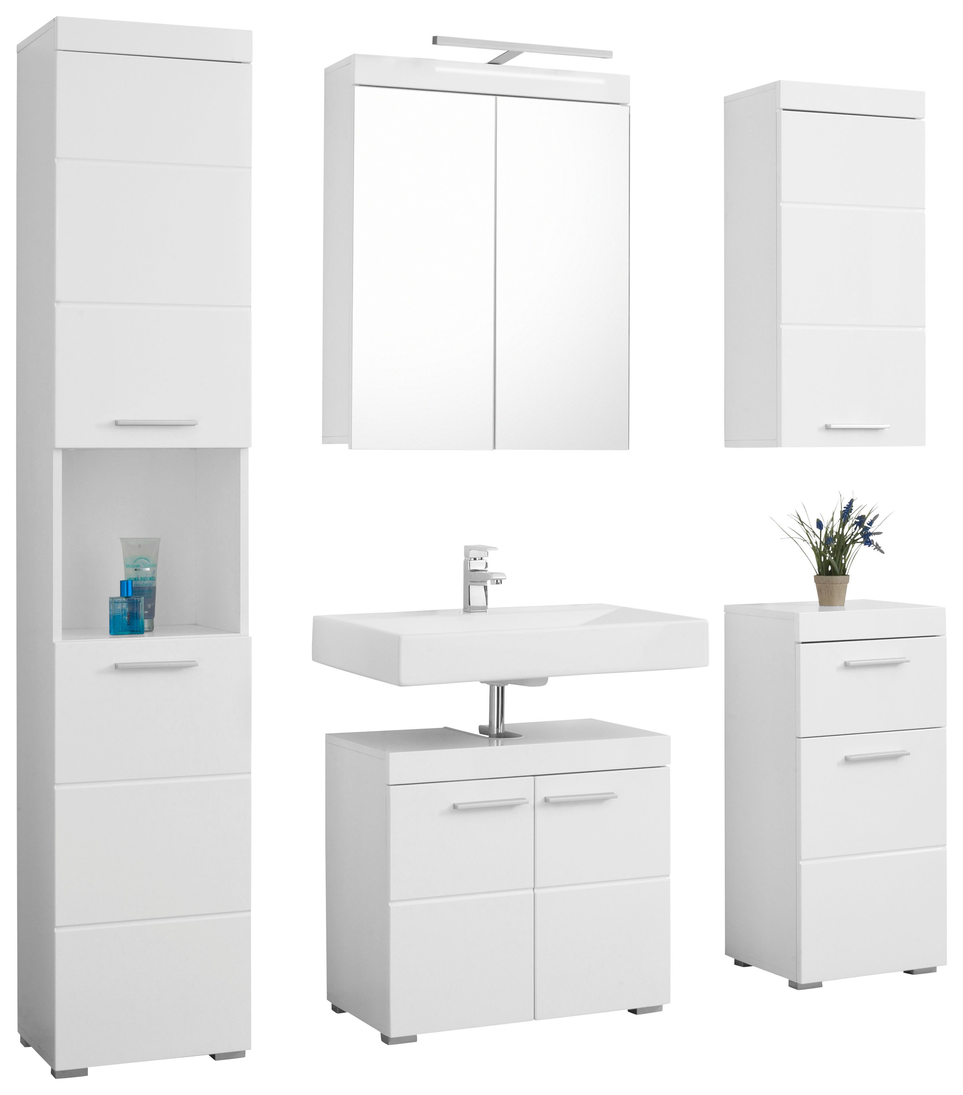 welltime Badmöbel-Set Avena, (Set, 5-St), Hochschrank, WBU, Spiegelschrank, Kommode, Hängeschrank u. Beleuchtung