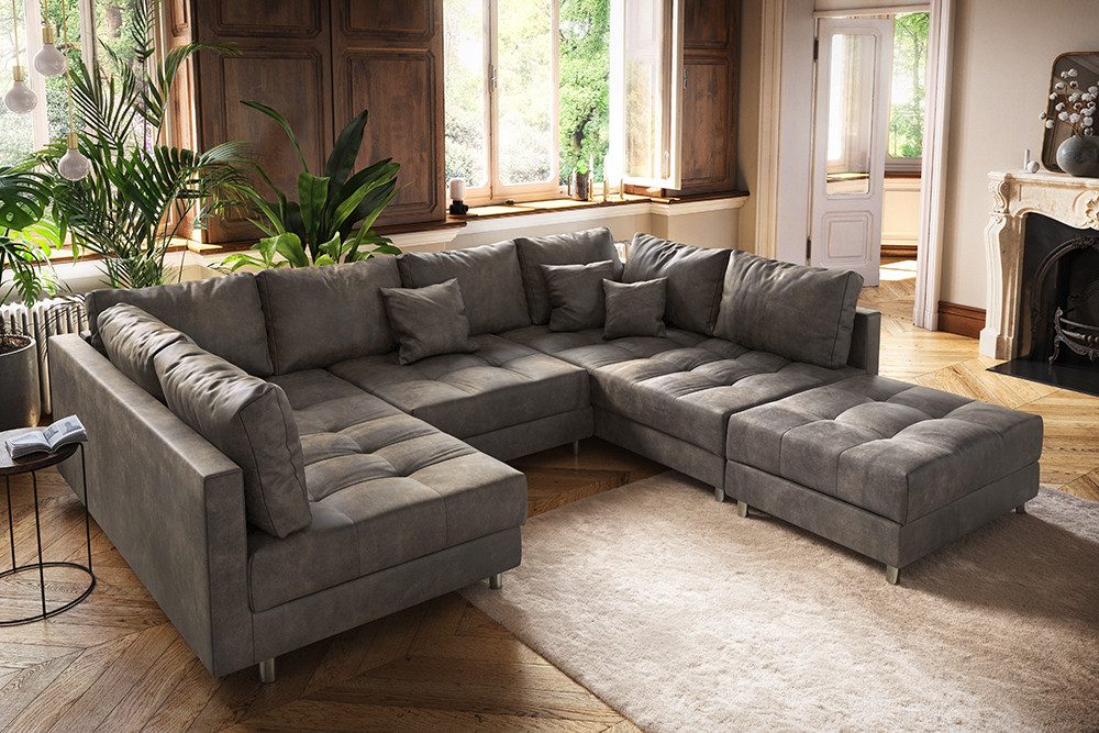 riess-ambiente Wohnlandschaft KENT 305cm taupe/silber - Microfaser, FSC-Holz, Rundumbezug, Federkern, Set 4 Teile, XXL Bigsofa inkl. Ottomane & Kissen - ideal für Wohnzimmer und Lofts