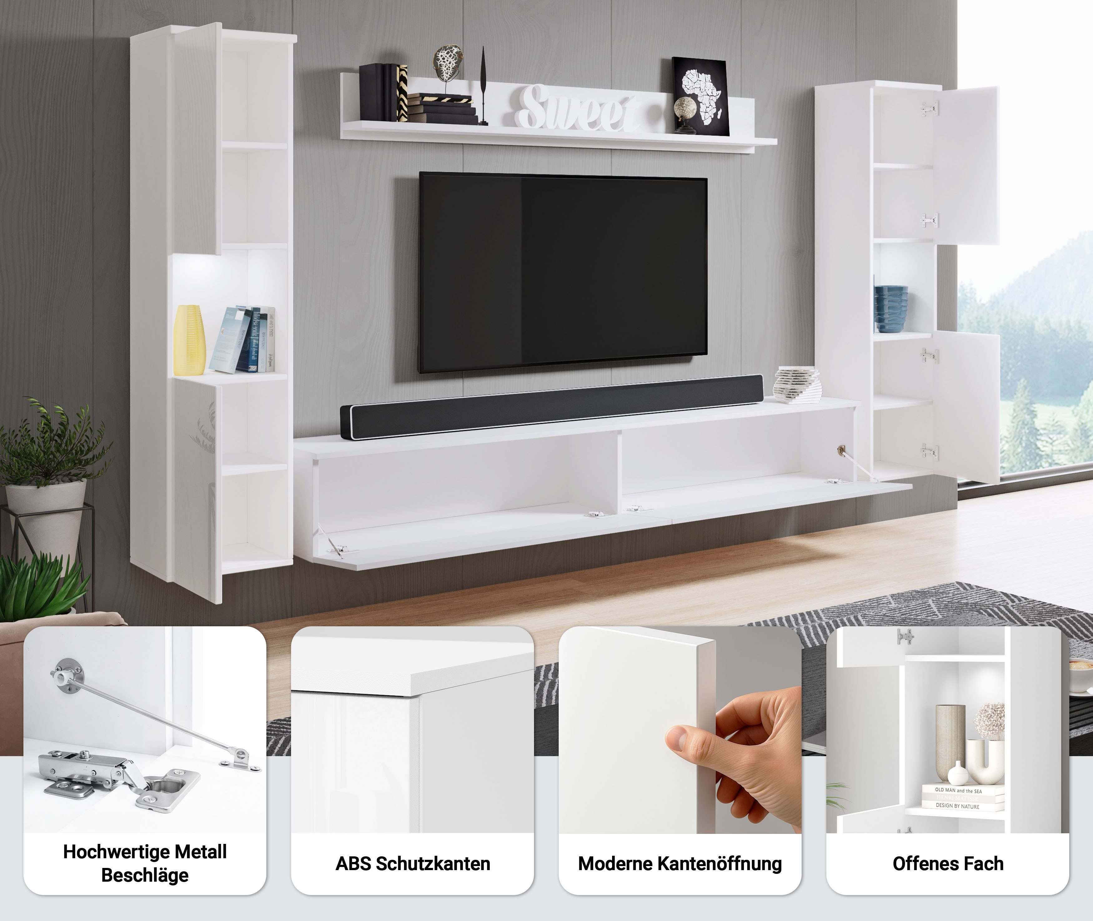 INOSIGN Wohnwand PARIS, Vitrine Türanschlag links/rechts wechselbar, (Komplett-Set, 4-St), grifflose Design, stehend und hängend montierbar