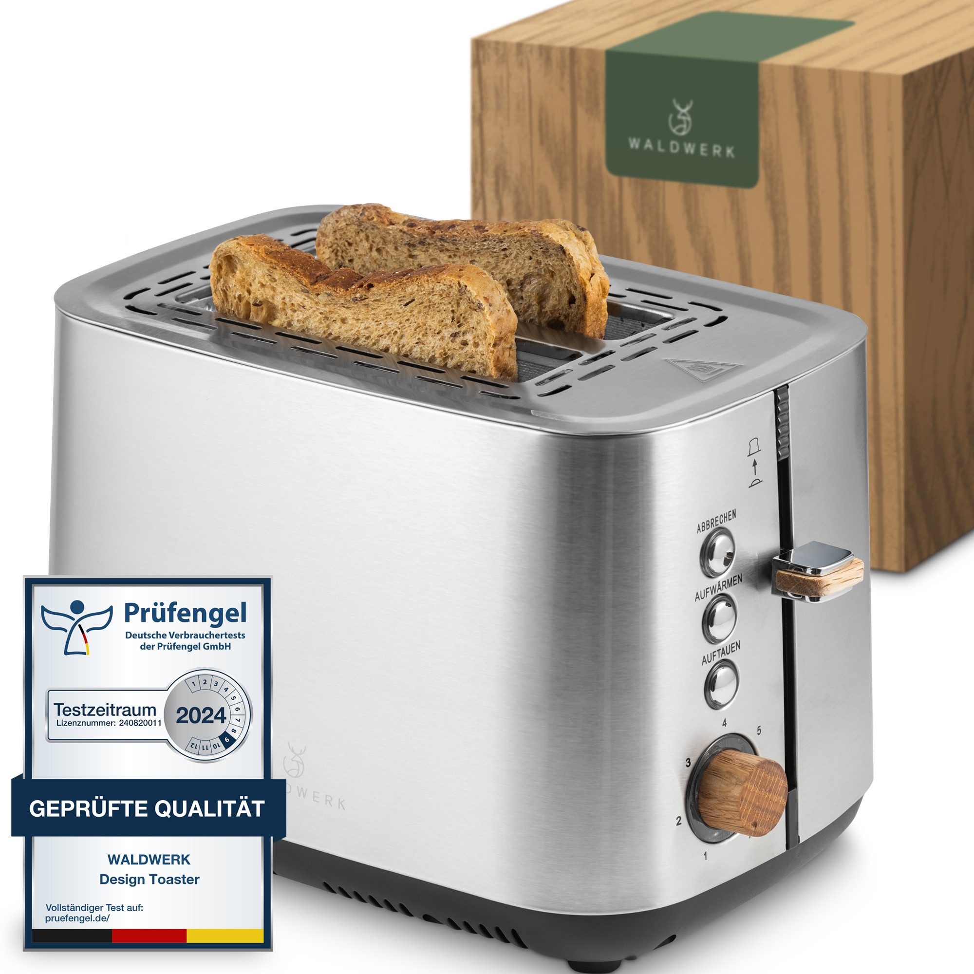 Waldwerk Toaster - 304 Edelstahl und Eichenholz - extra breite und tiefe Toastkammern, - mit Brötchenaufsatz - mit Krümelschublade
