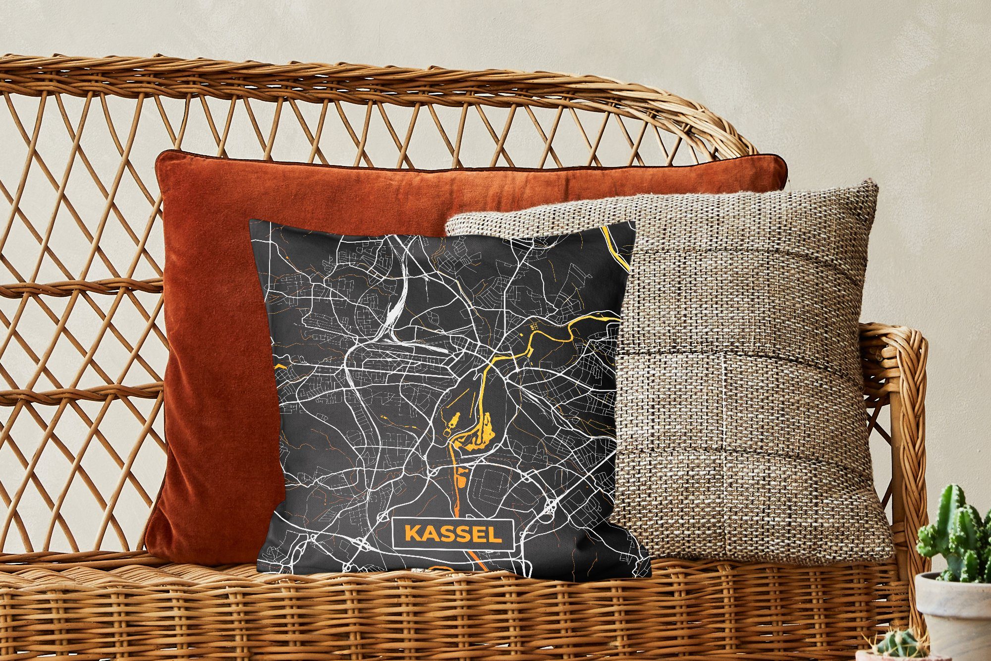 für Dekokissen Füllung Deutschland Kassel Stadtplan - - Zierkissen Deko, - Sofakissen Wohzimmer, mit MuchoWow Karte Schlafzimmer, Gold, -