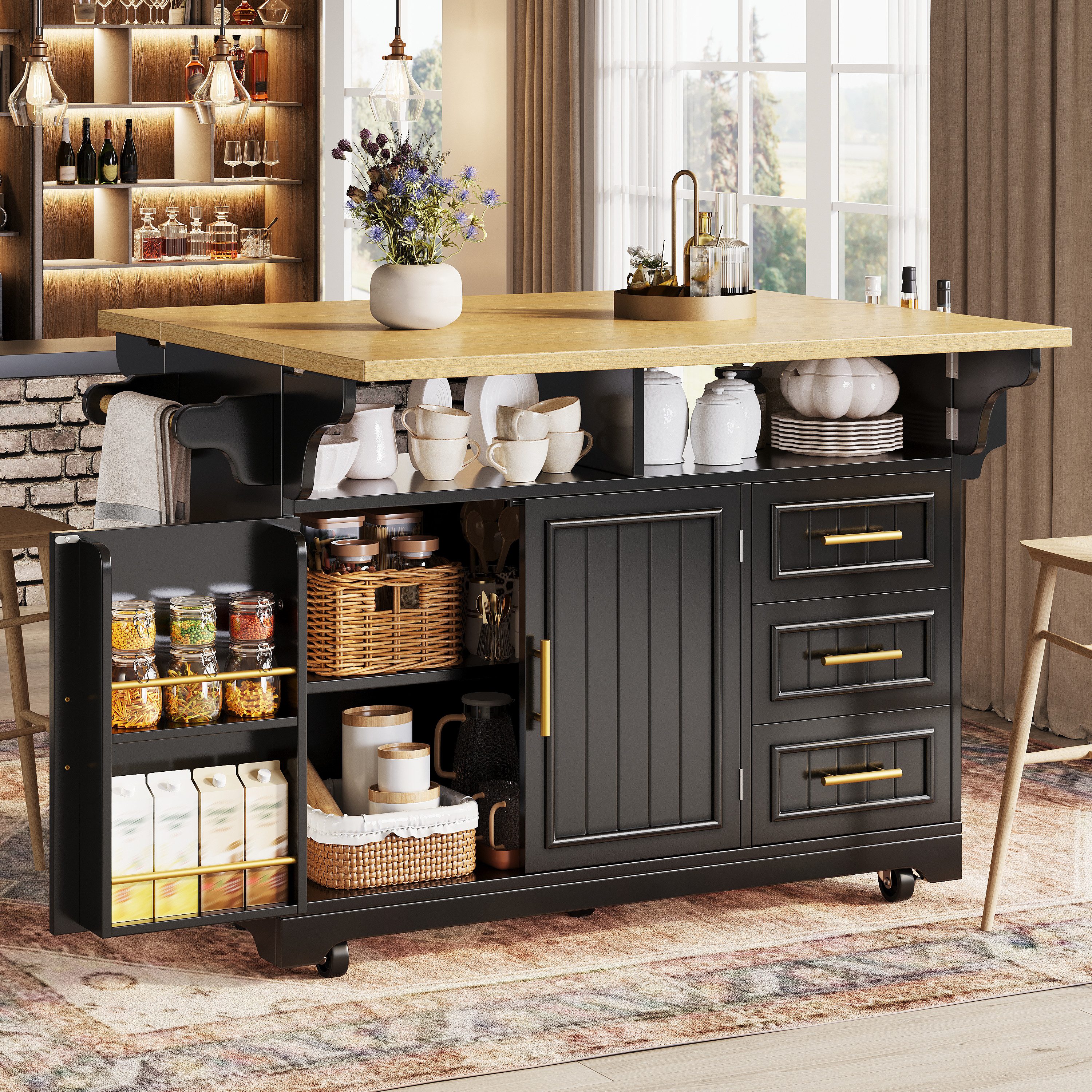 Celya Kücheninsel mit frei positionierbarer Esstisch‑Erweiterung und Schubladen, Küchenbuffet Sideboard auf Rolle, Türen mit vertikalem Muster