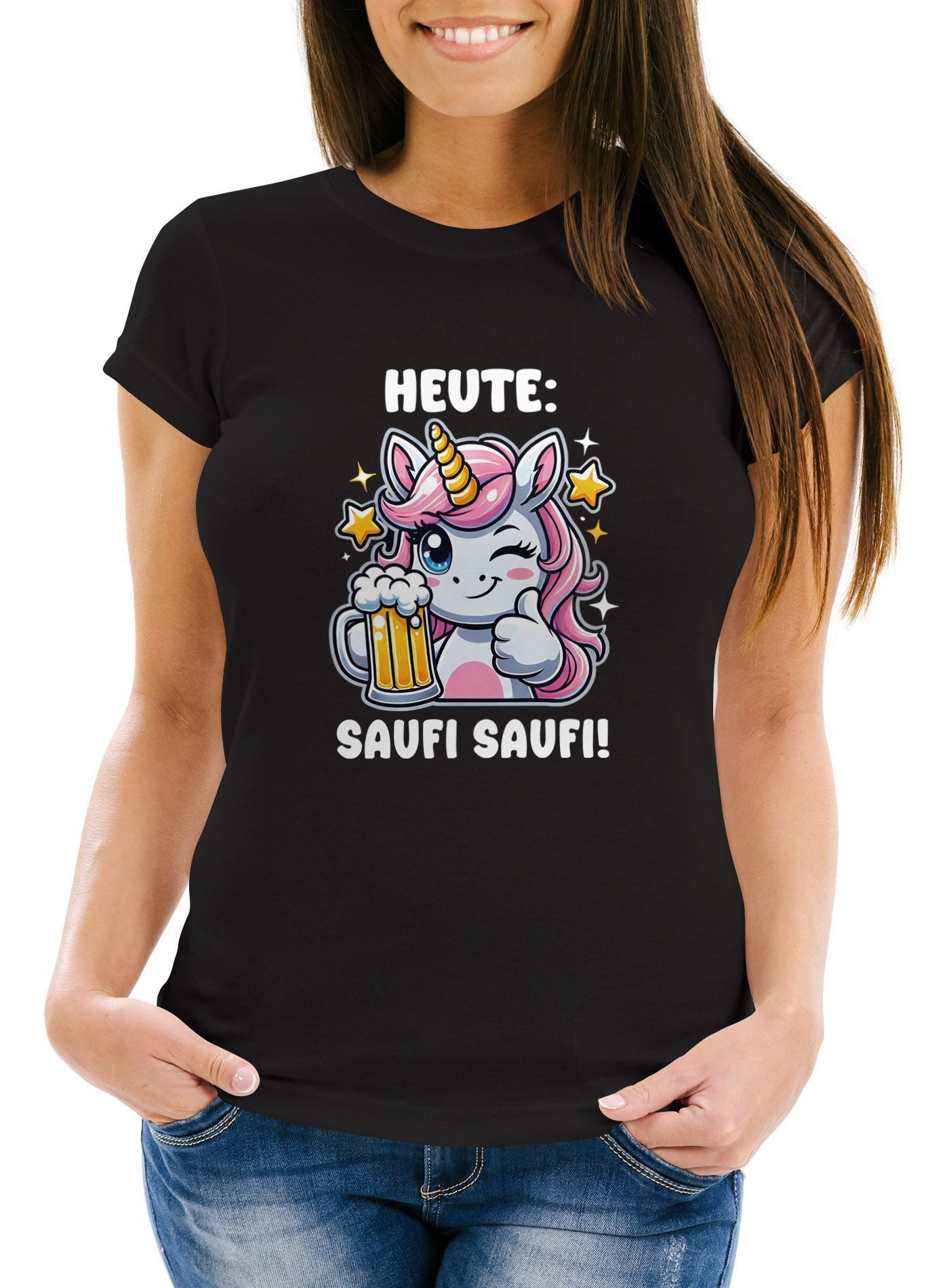 Print-Shirt Damen T-Shirt Einhorn Spruch Sauf Saufi Bier Frauen Party Feiern