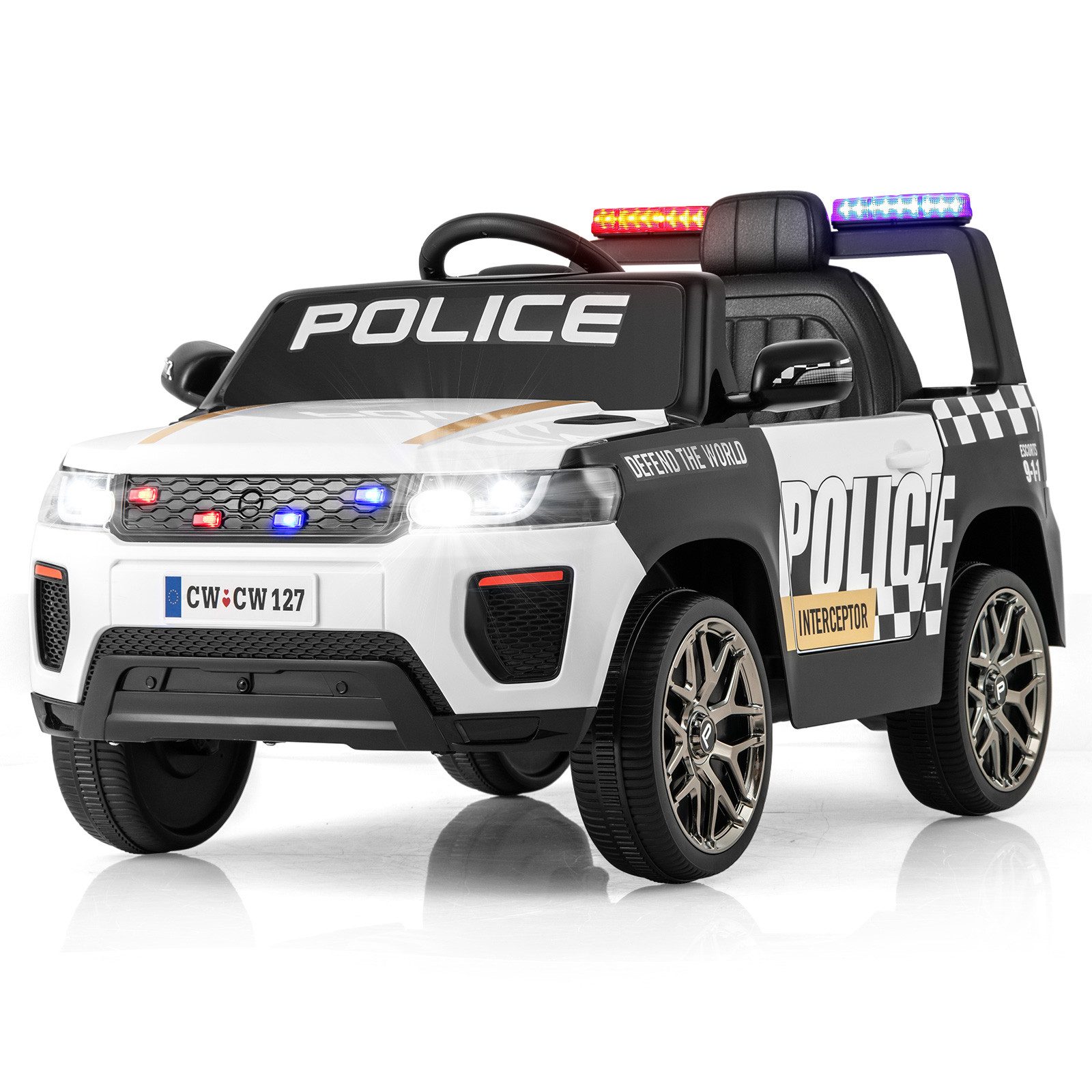 COSTWAY Elektro-Kinderauto, Belastbarkeit 30 kg, 12V Kinder-Polizeiauto mit Fernbedienung, Hupe, Musik