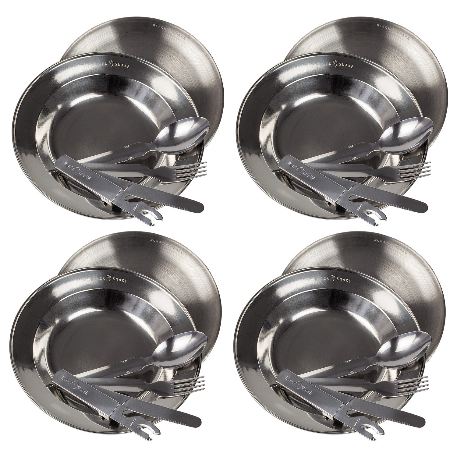 Black Snake Teller-Set Edelstahl Teller Set mit Campingbesteck Outdoor (12-tlg), Edelstahl, Robustes Edelstahl Geschirr mit praktischem Campingbesteck