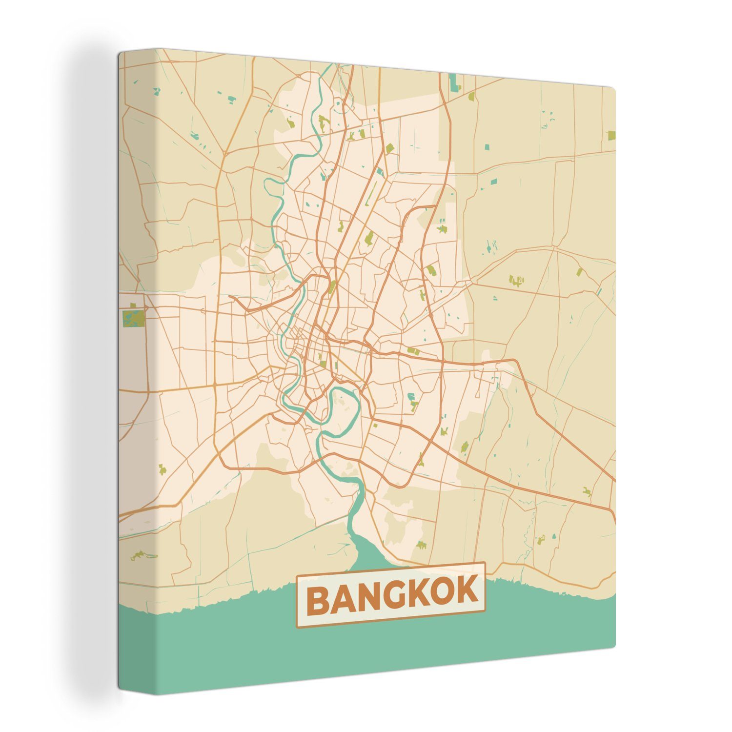 OneMillionCanvasses® Leinwandbild Bangkok - Karte - Vintage - Stadtplan, (1 St), Leinwand Bilder für Wohnzimmer Schlafzimmer