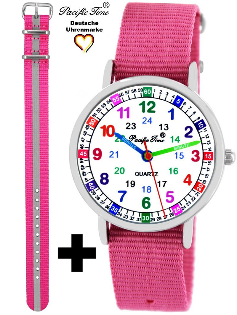 Pacific Time Quarzuhr Set Kinder Armbanduhr Lernuhr Wechselarmband, Mix und Match Design - Gratis Versand rosa und reflektor pink