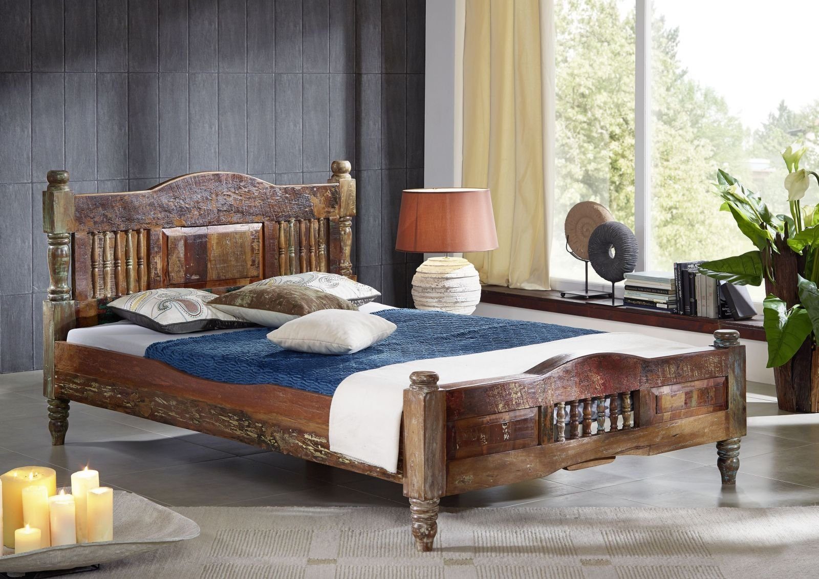 Massivmoebel24 Massivholzbett Bett Altholz 180x200x100 mehrfarbig lackiert FABLE #13