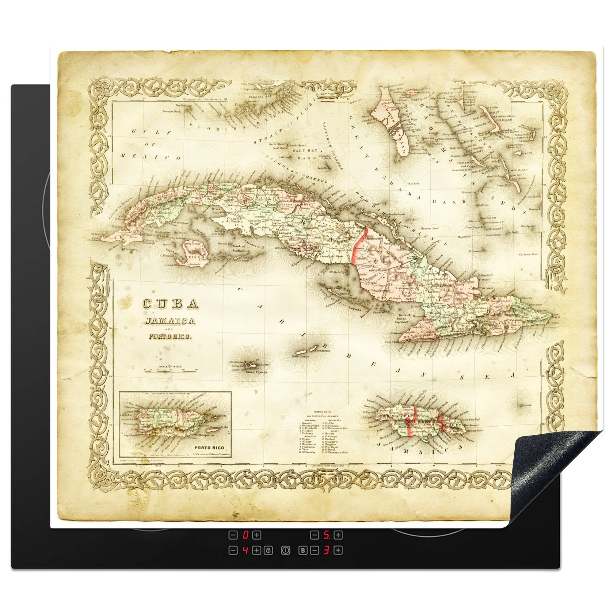 MuchoWow Herdblende-/Abdeckplatte Eine antike Illustration einer Karte von Kuba, Vinyl, (1 tlg), 60x52 cm, Mobile Arbeitsfläche nutzbar, Ceranfeldabdeckung