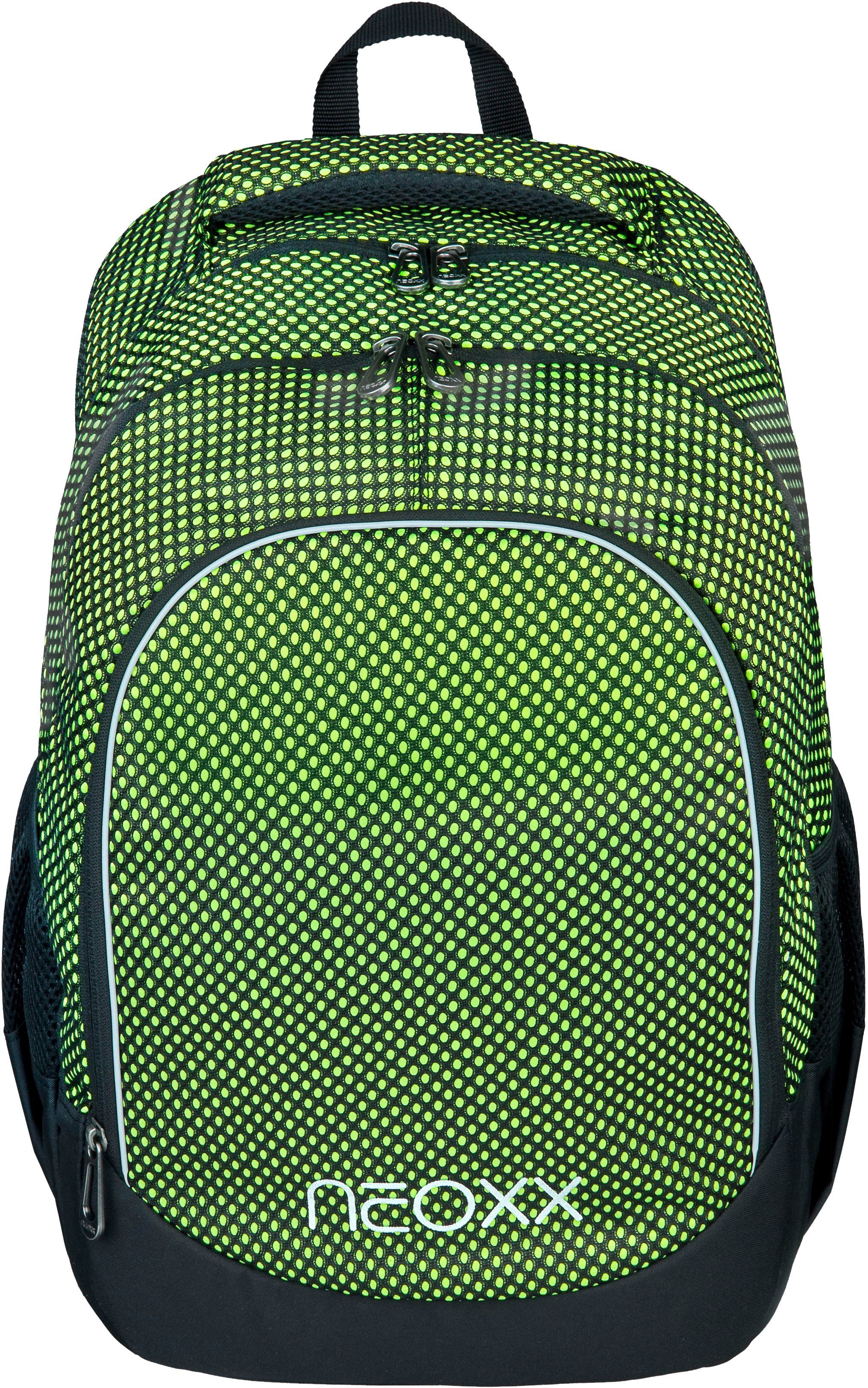 neoxx Schulrucksack Fly, Volumen aus 600 27 PET-Flaschen, ca. ca. Liter; recycelten g Neon, about All Gewicht