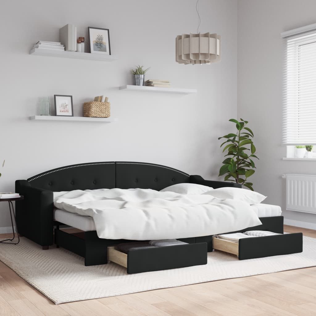 Bett Ausziehbares 2-in-1 Tagesbett Sofa Schwarz 223x90x75 cm