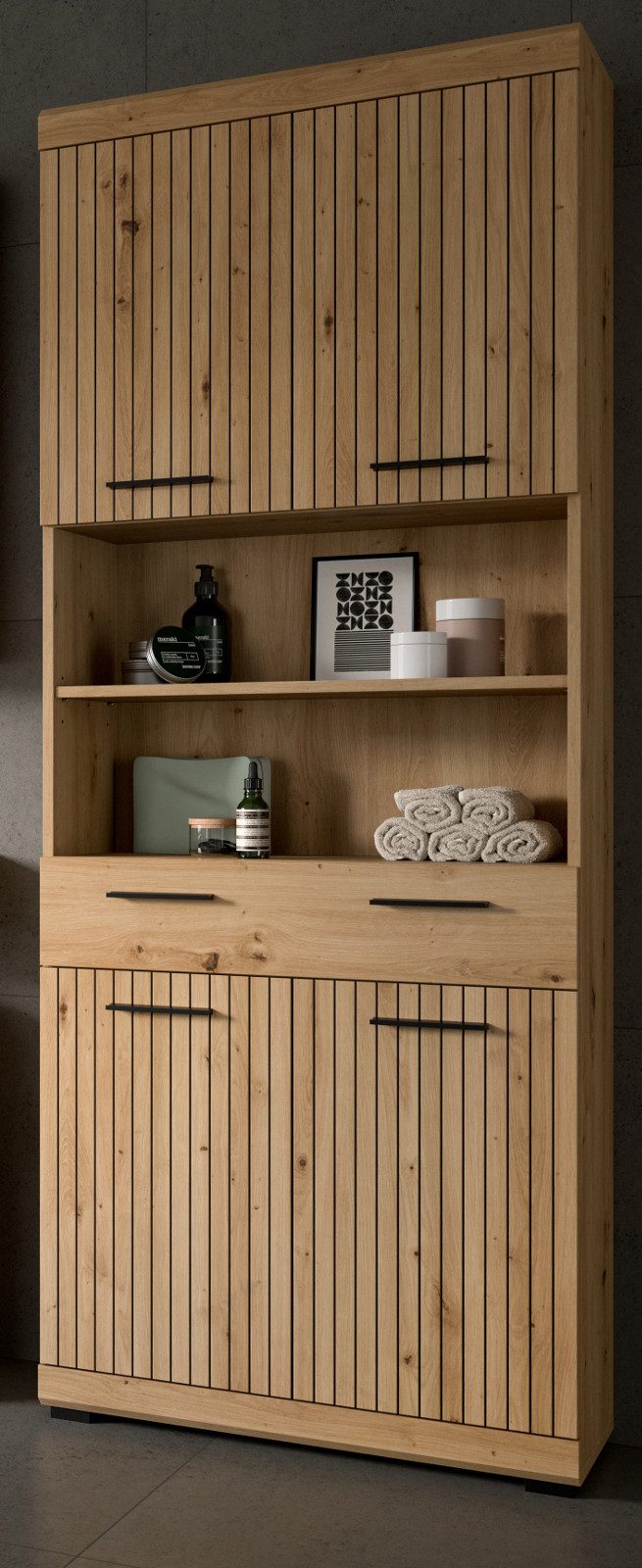 Inn.Furn Hochschrank Shawn (Badschrank in Eiche Artisan mit Leistenoptik, 4-türig, 74 x 191 cm) Schublade mit Vollauszug und 6 große Fächer