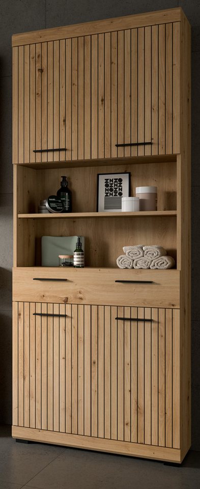 Inn.Furn Hochschrank Shawn (Badschrank in Eiche Artisan mit Leistenoptik, 4-türig, 74 x 191 cm) Schublade mit Vollauszug und 6 große Fächer