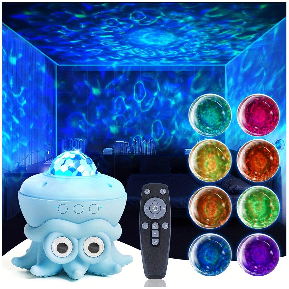 QUBEBU LED Nachtlicht Oktopus LED Sternenhimmel Kinder Projektor Wasserwellen Nachtlicht, Ambientebeleuchtung, LED fest integriert, Weihnachten Ozean Lampe mit Timer Fernbedienung, Oktopus-Spielzeug, 16 Farben, 45/90-Minuten-Timer