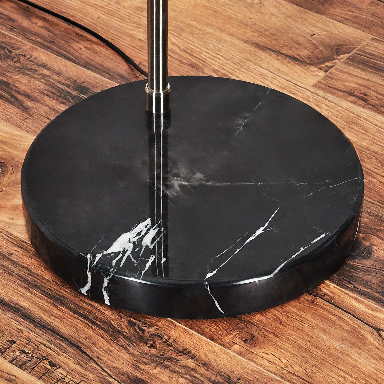 hofstein Bogenlampe Stehlampe mit Marmorfuß aus Metall/Stoff in Nickel/Schwarz/Beige/Weiß, verstellbare Stehleuchte im modernen Design, Ø 25 cm, Fußschalter, E27