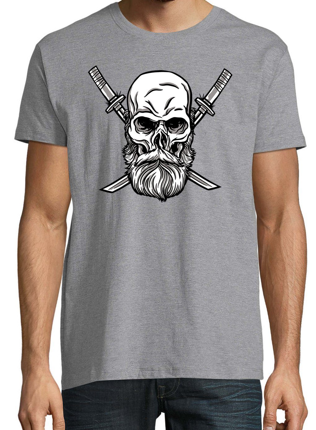 T-Shirt Katana Shirt Youth Herren trendigem Grau Schädel mit Designz Frontrpint