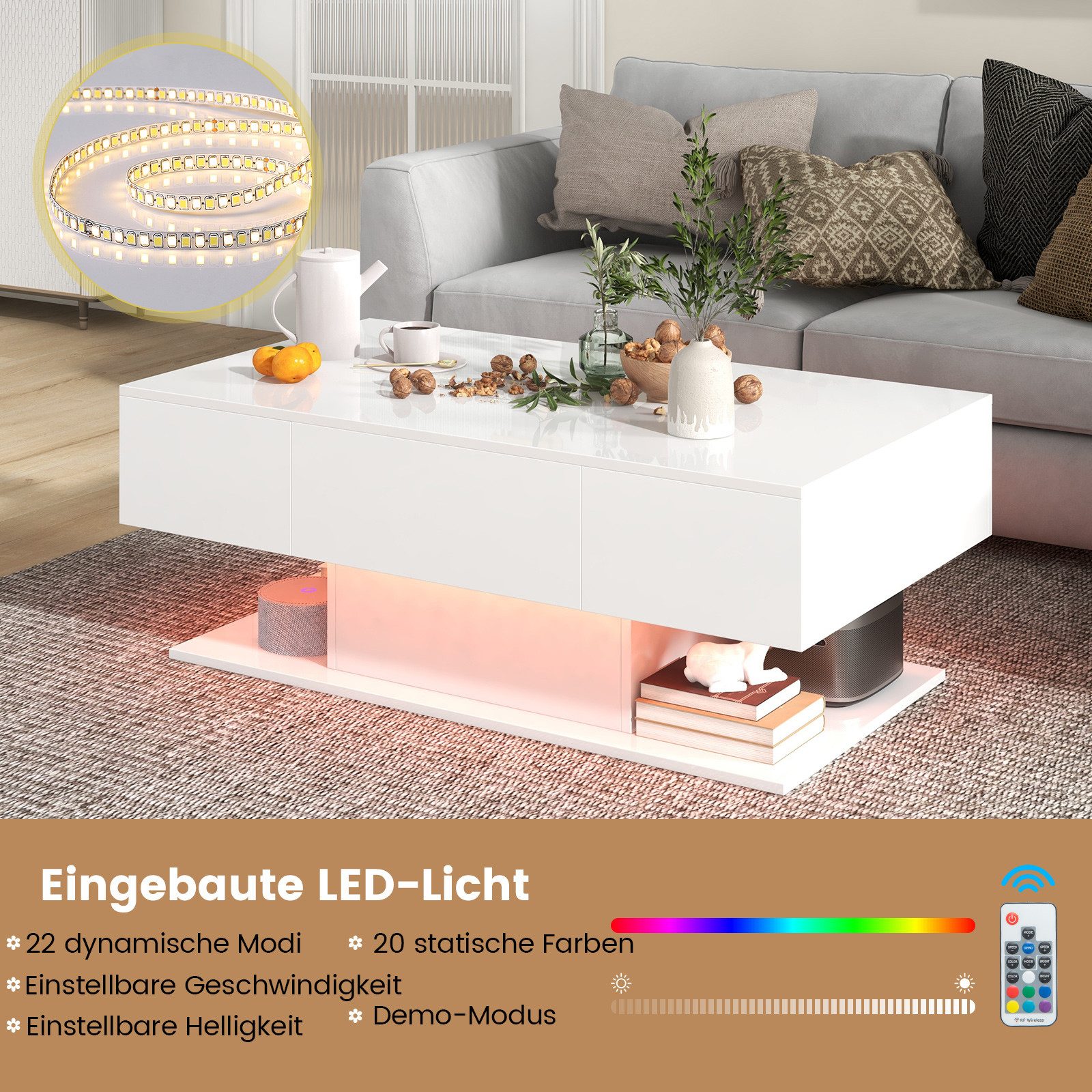 COSTWAY Couchtisch, LED, Hochglanz, 20 Farben einstellbar, mit Stauraum, We günstig online kaufen