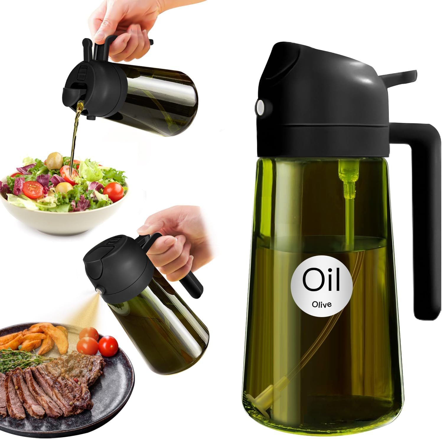 LIANNA Sprühflasche 16oz lichtundurchlässiger dunkler Ölsprüher zum Kochen, (Set, 1-tlg., Hochwertige dunkelgrüne Glasölflasche für Lebensmittelzubereitung), 2-in-1-Olivenöl-Spenderflasche für die Küche