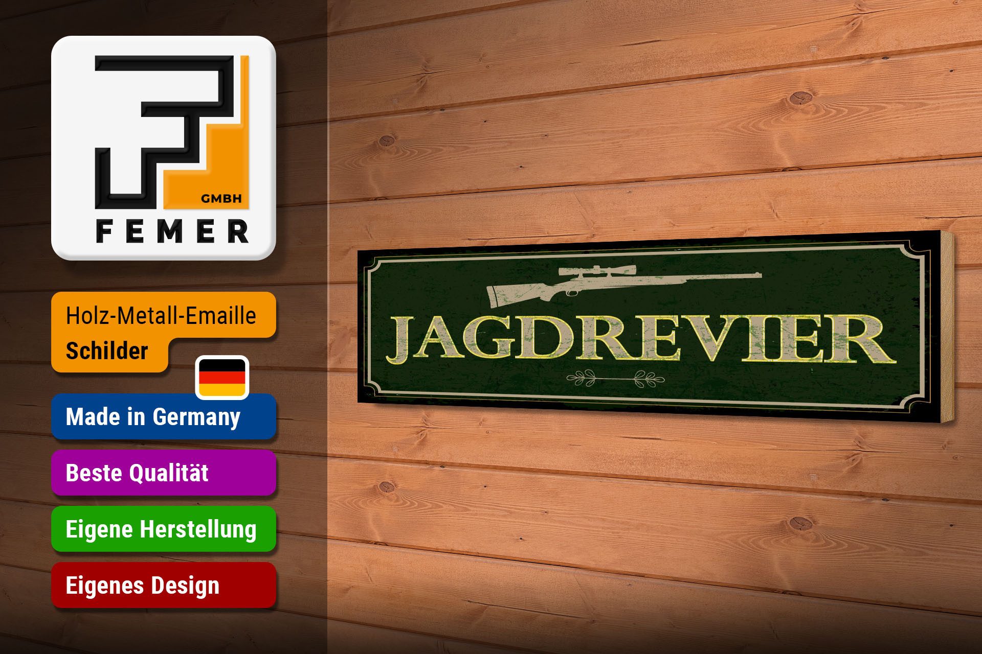 Femer GmbH Holzbild Hinweis 46x10 cm Jagdrevier Jagdgewehr, (1 St), Glatte Holzfaserplatte (MDF), vorn beschichtet