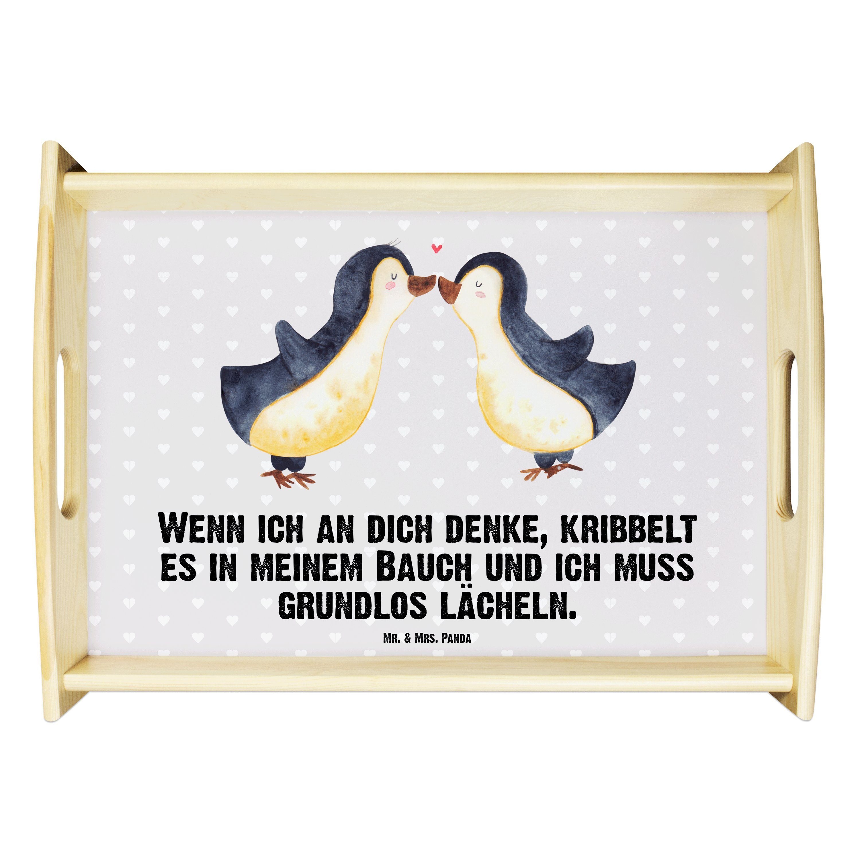 Mr. & Mrs. Panda Tablett Pinguine Kuss - Grau Pastell - Geschenk, Frühstückstablett, Hocheitst, Echtholz lasiert, (1-tlg)