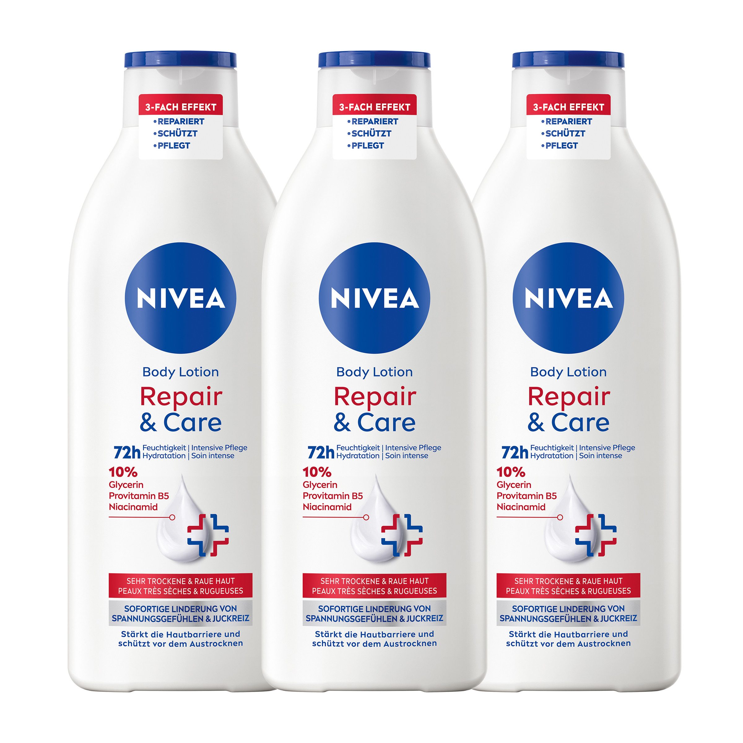 Nivea Körperlotion Body Repair & Care 3 x 400ml, schützt vor dem Austrocknen Packung, 3-tlg., Glycerin