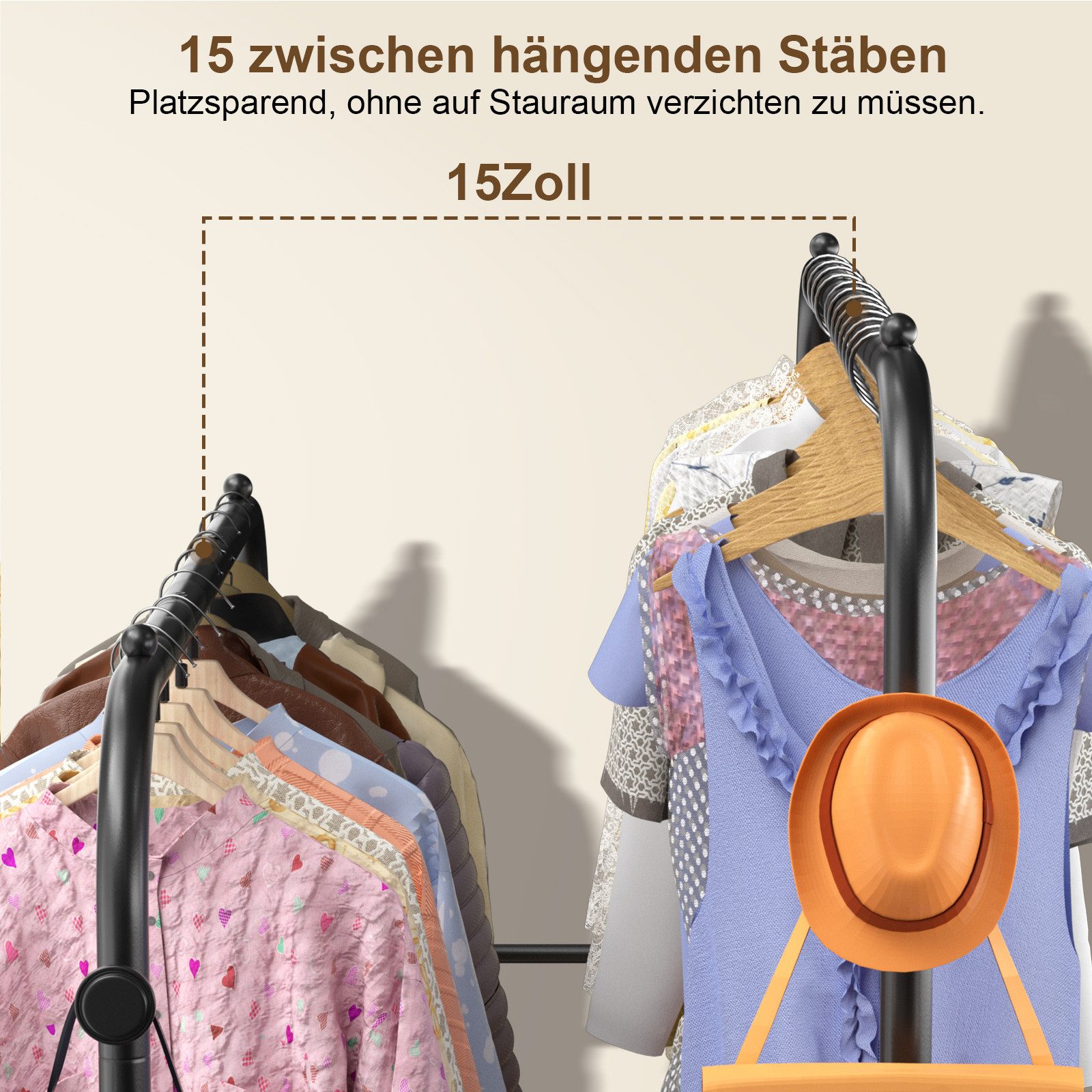 loefme Kleiderständer 3-in-1 Garderobenständer, Metall Kleiderstange offen, (mit doppelter Ablage & Seitenhaken), Einfache Montage Multifunktionaler Kleiderständer, Schwarz