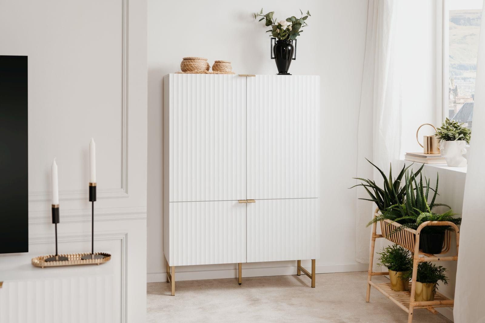 möbelvita Highboard Highboard Turin 53A - 3D Front mit Soft-Close-Türen - in Mattweiß