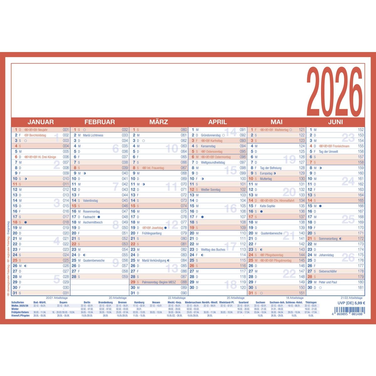 ZETTLER Terminplaner Arbeitstagekalender 908 kaschiert A4 29,7x21cm 2026