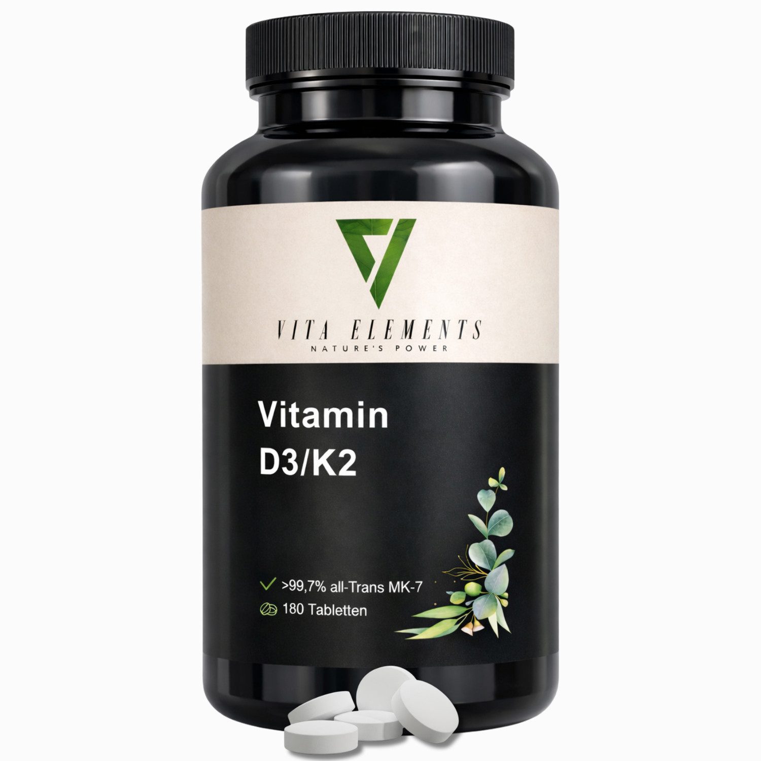 Vita Elements Vitamin D3/K2 Tabletten, 1 er Packung à 180 St., 5-Tage-Depotdosis, >99,7% all-Trans MK-7 (K2Vital), Laborgeprüft