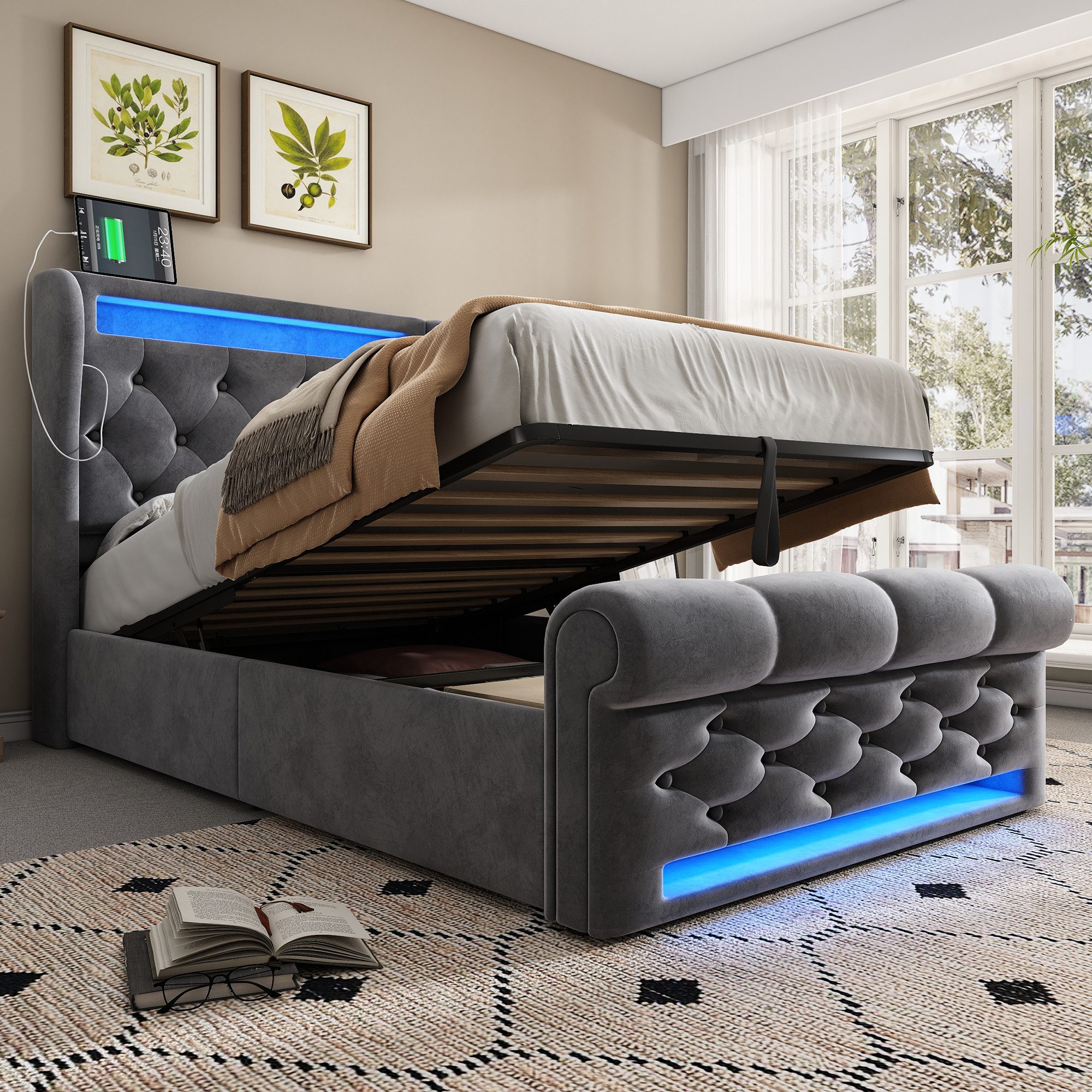 MODFU Polsterbett Hydraulisches Samt-Bett, rautenförmige Knopfknoten (Funkt günstig online kaufen