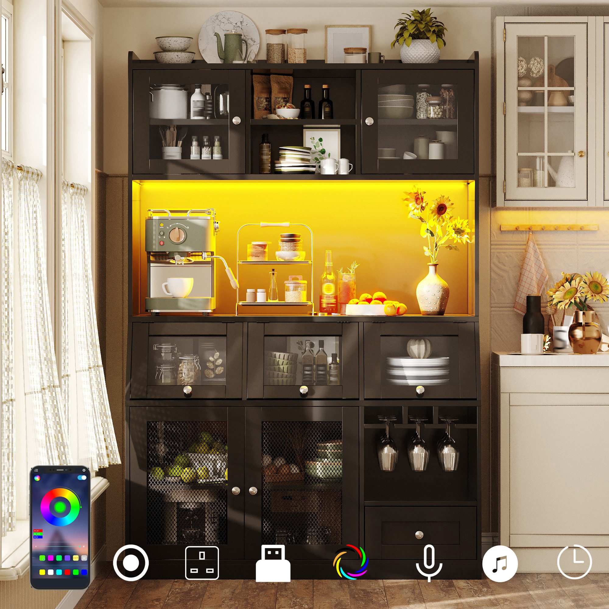 Flieks Küchenbuffet Hochschrank mit USB-Anschluss, LED-Beleuchtung und Glastüren (120x40x181,7 cm, 1-St) Multifunktionsschrank Mehrzweckschrank mit verstellbarer Einlegeböden