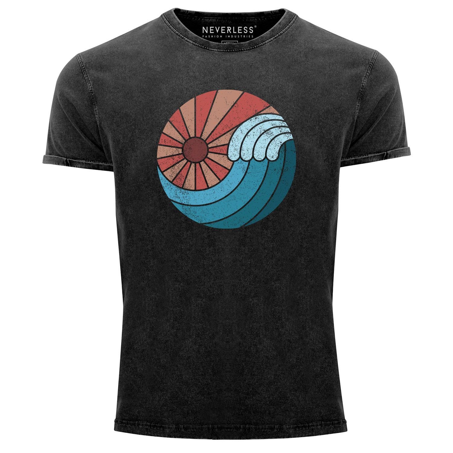 Printshirt T-Shirt Herren Sonne Retro Used Look Aufdruck mit Vintage Print-Shirt Welle Neverless Shirt Sommer Print Wave Neverless®