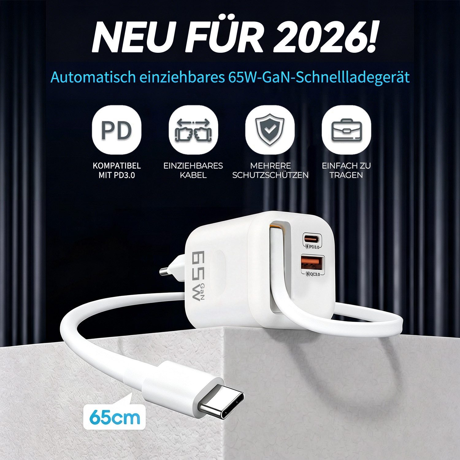 SWGOTA 2026 Neues 65W GaN 3-Port USB C Ladegerät mit Einziehbarem Kabel USB-Ladegerät (65W Schnellladegerät, 3-in-1 USB Netzteil, PD 3.0 Power Adapter, Unterstützt Super Fast Charging bei Einzelportnutzung)